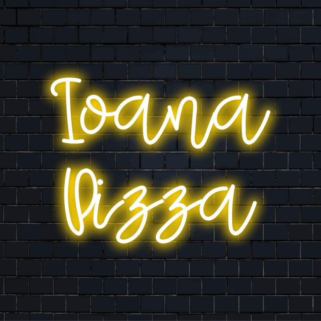 Ioana Pizza Custom Name Neon Sign, bright neon lettering on black brick background