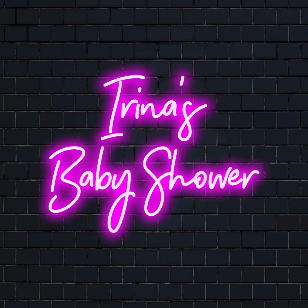 Irina_s Baby Shower Personalized LED Neon Sign, bright neon lettering against brick backdrop