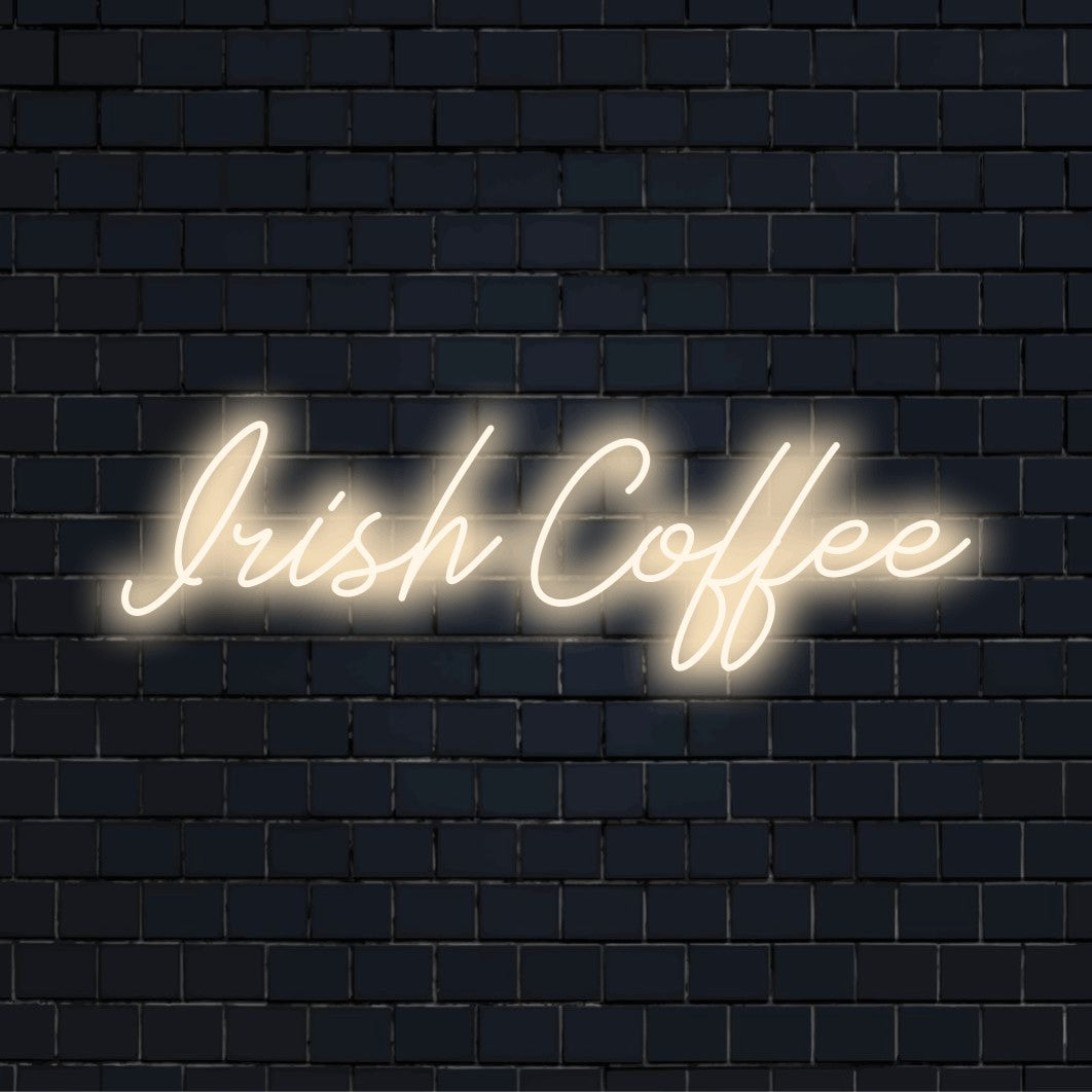 Irish Coffee LED Neon Sign, soft neon glow on black brick background
