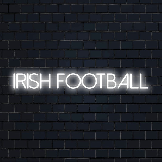 Irish Football LED Neon Sign, glowing lettering on black brick background