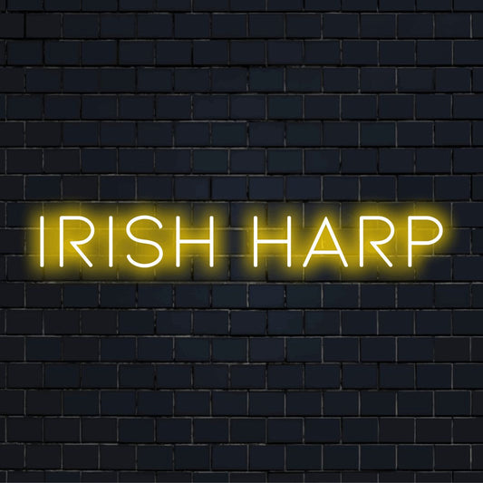 Irish Harp Neon Light with bright neon glow on dark brick wall