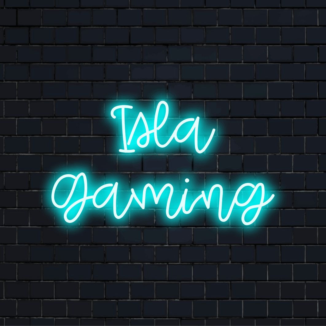 Isla Gaming Custom Name Neon Sign, glowing wall decor against black brick wall