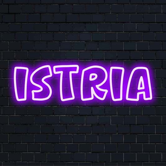 Istria Neon Light with glowing lettering on dark brick background