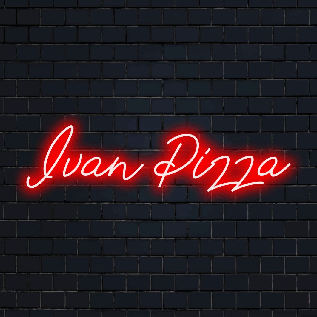 Ivan Pizza Personalized LED Neon Sign, bright LED glow against black brick wall