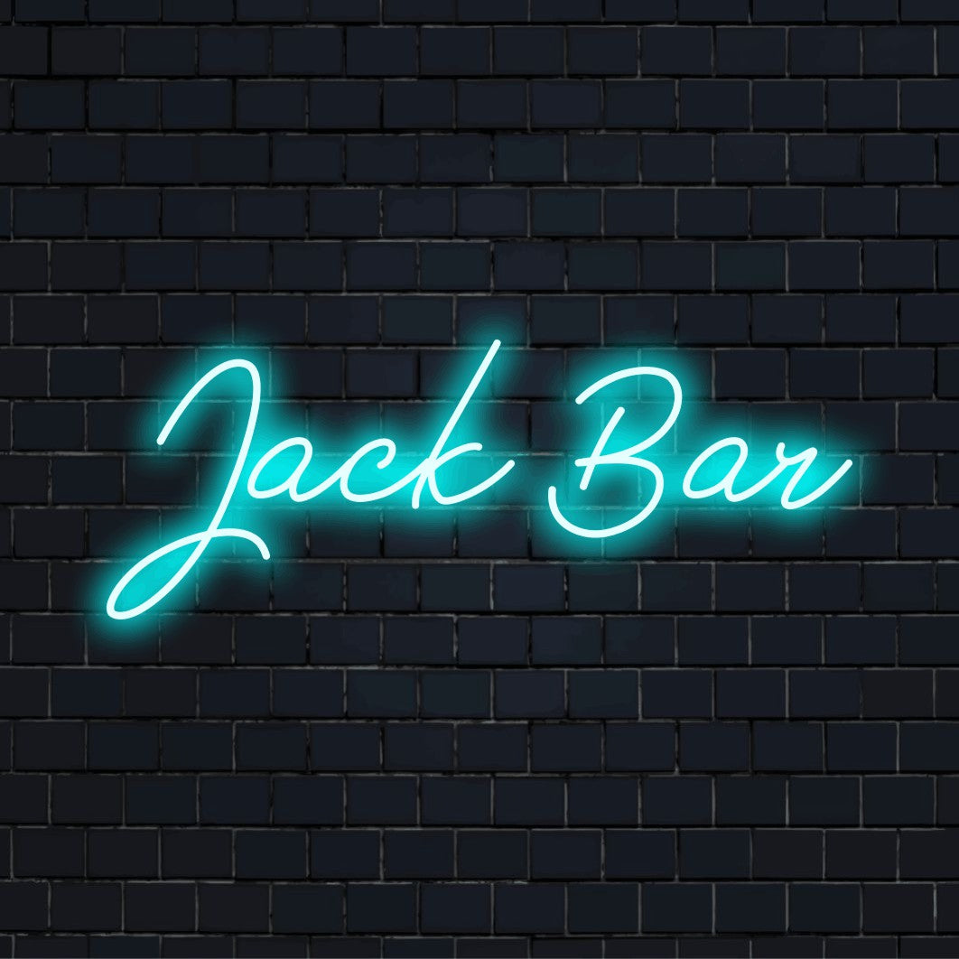 Jack Bar Custom Name Neon Sign, bright neon glow on dark brick background