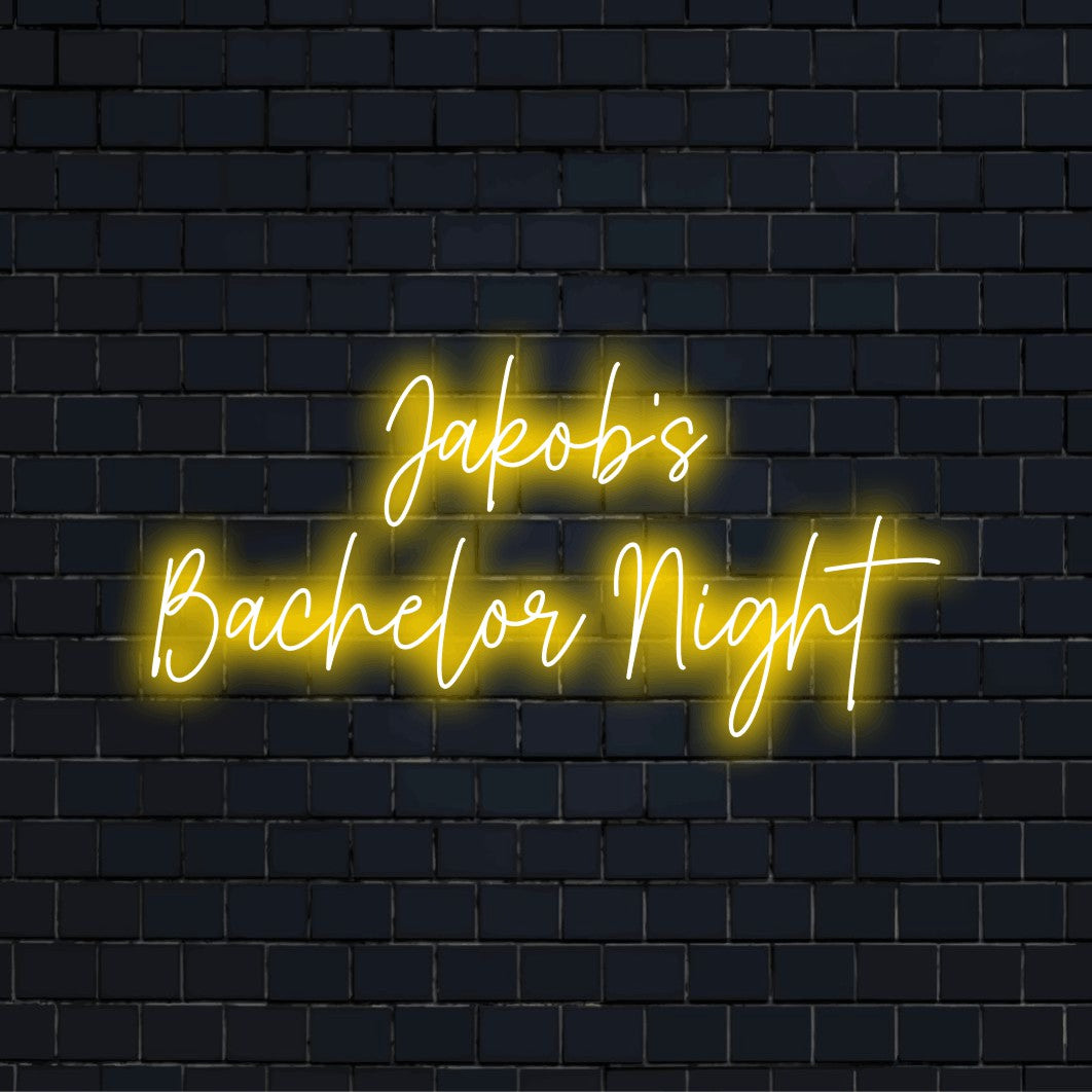 Jakob_s Bachelor Night Personalized Neon Light with glowing wall decor against black brick wall