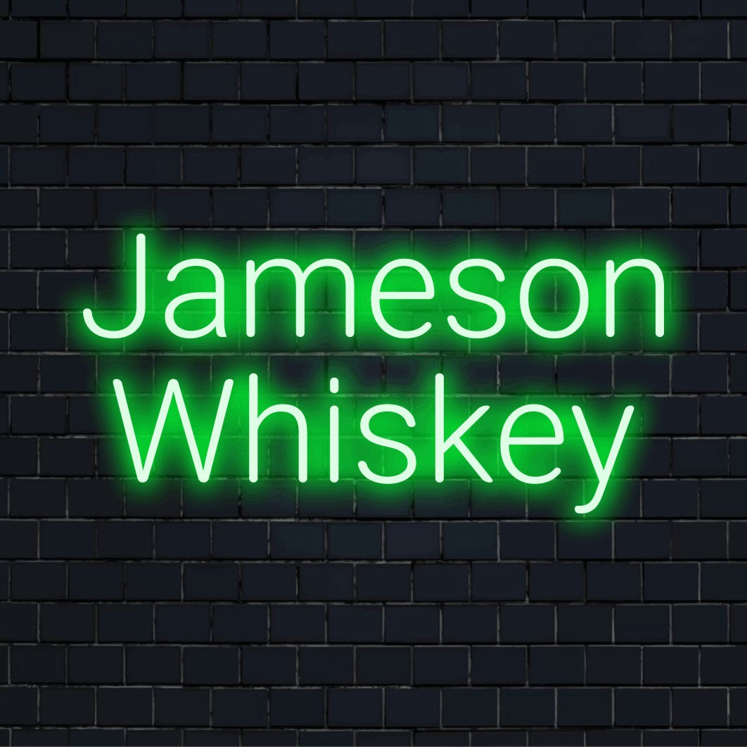 Jameson Whiskey Neon Sign, bright LED glow on dark brick background