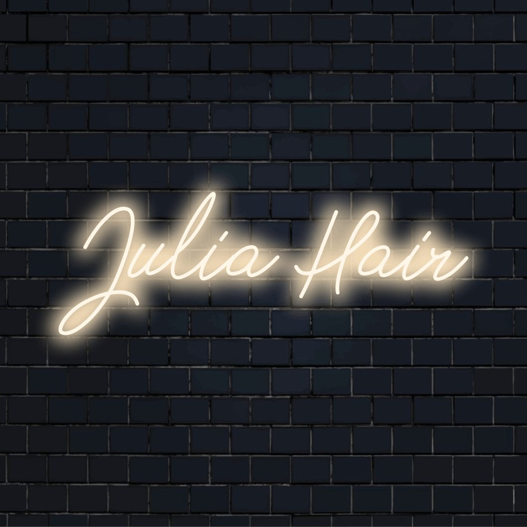 Julia Hair Custom Name Neon Sign, bright neon glow on black brick background