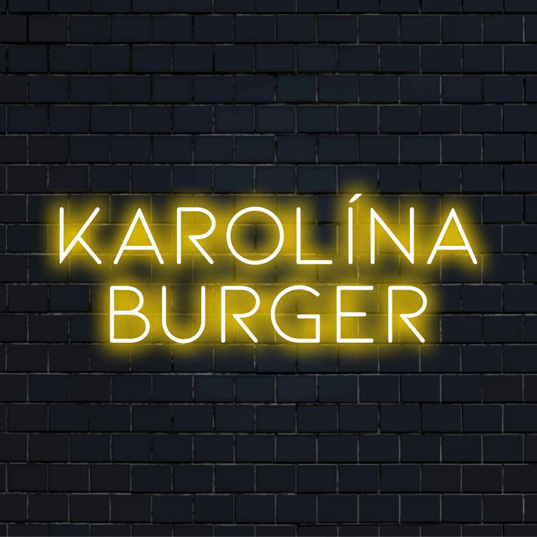 Karolina Burger Custom Name Neon Sign, bright LED glow on black brick background