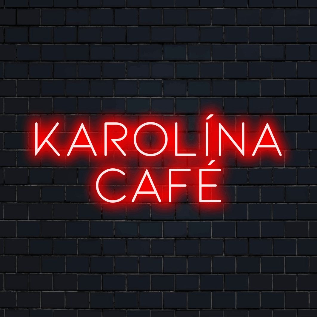 Karolina Cafe Personalized LED Neon Sign, neon text light on black brick background