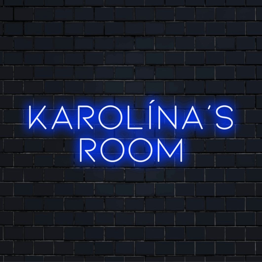 Karolina_s Room Custom Name Neon Sign, bright neon lettering on black brick background