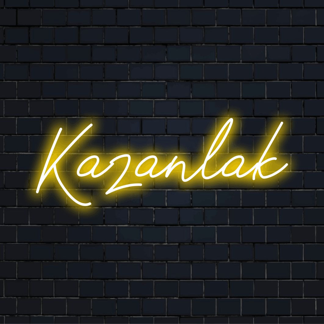 Kazanlak LED Neon Sign, glowing wall decor on dark brick wall