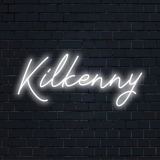 Kilkenny LED Neon Sign, bright LED glow on black brick background