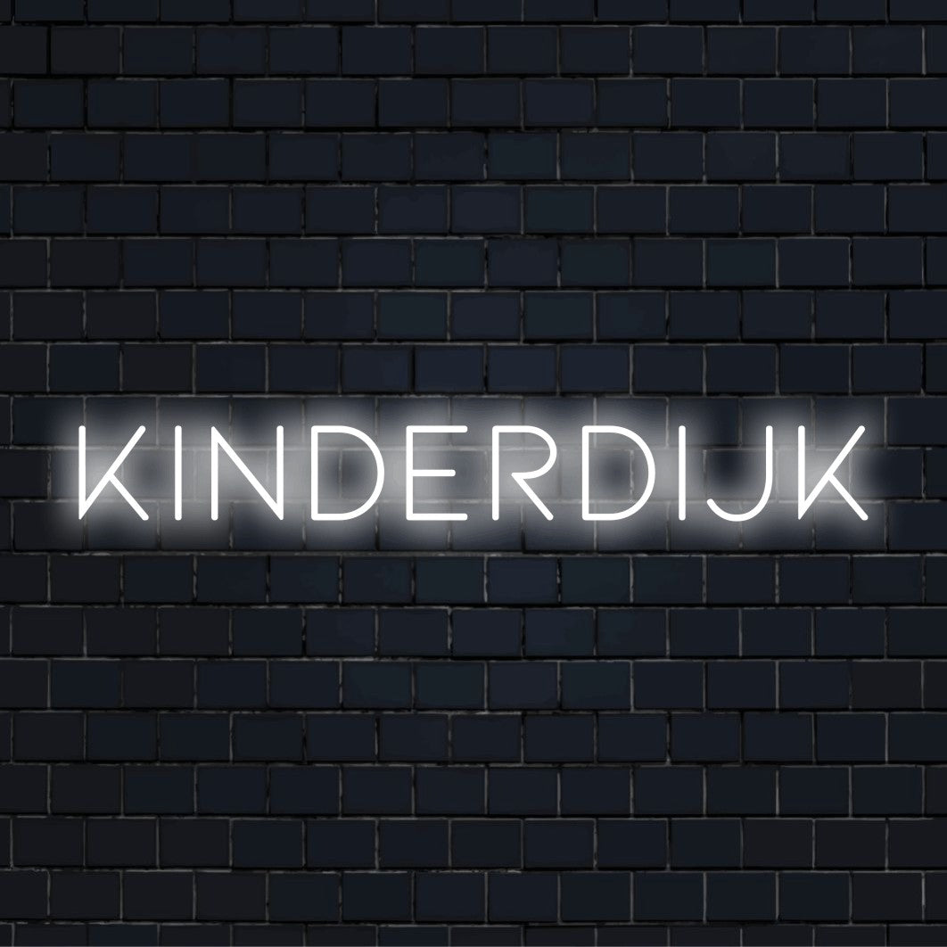 Kinderdijk LED Neon Sign, glowing lettering on dark brick wall