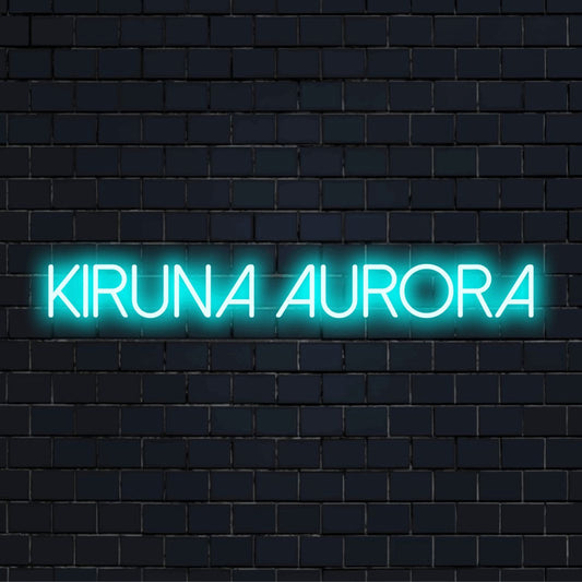 Kiruna Aurora Neon Sign, glowing neon text against brick backdrop