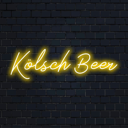 Kolsch Beer LED Neon Sign, glowing wall decor on black brick background