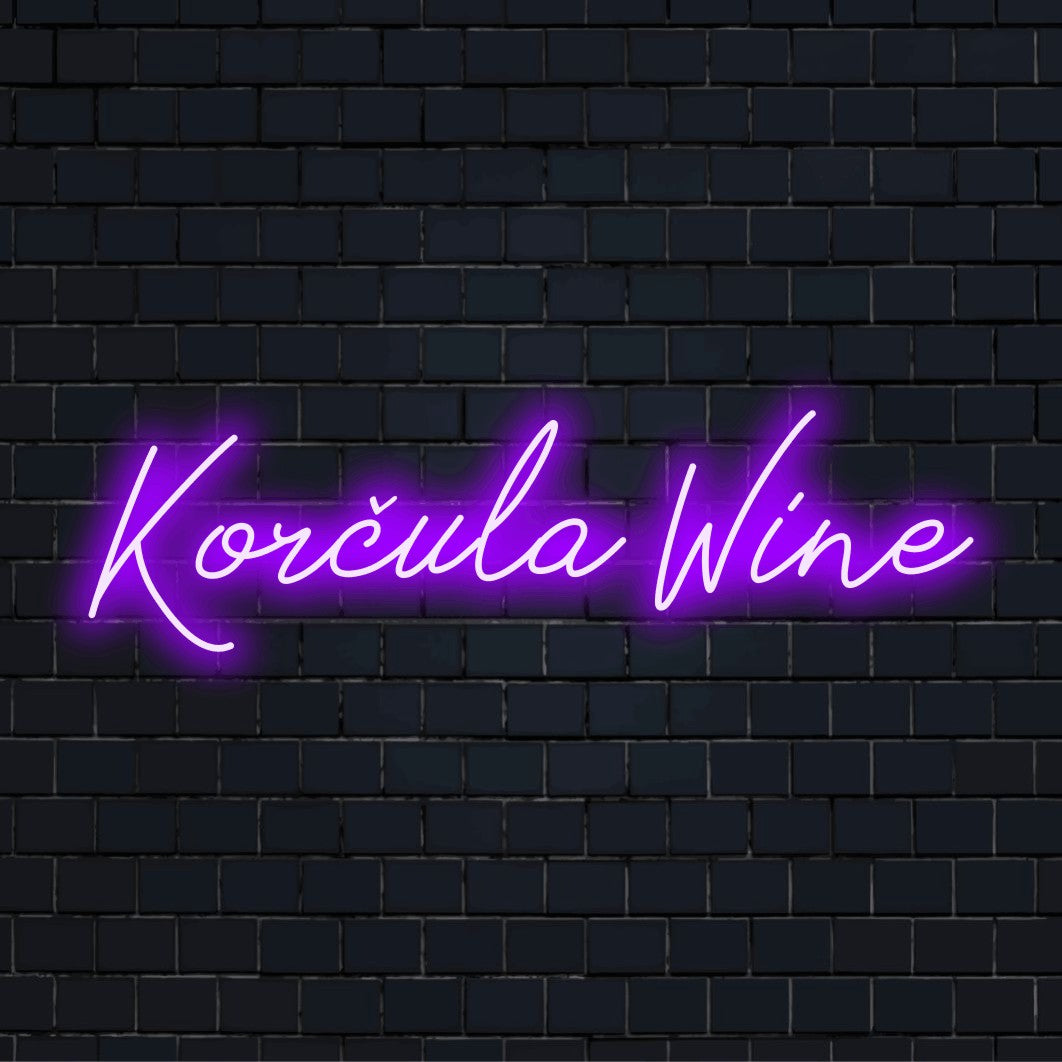 Kor Ula Wine Neon Sign, bright LED glow on dark brick wall