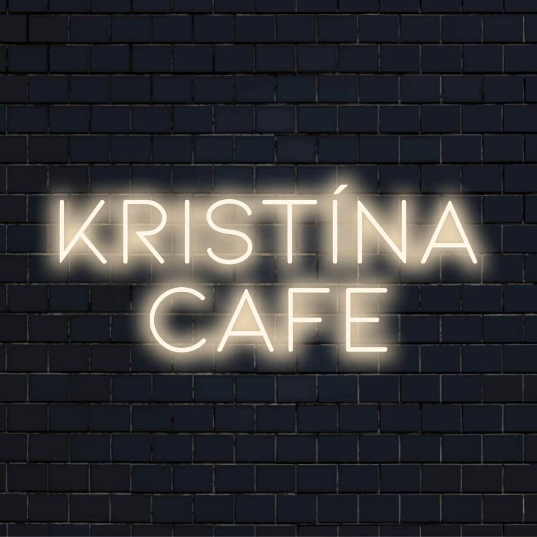 Kristina Cafe Custom Name Neon Sign, glowing neon text against black brick wall