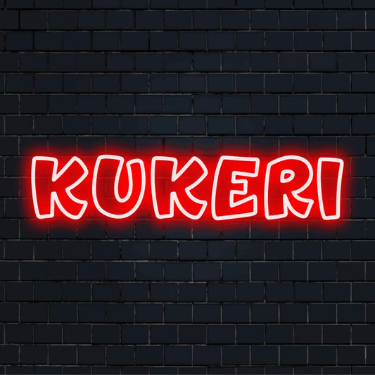 Kukeri Neon Sign, glowing wall decor against brick backdrop