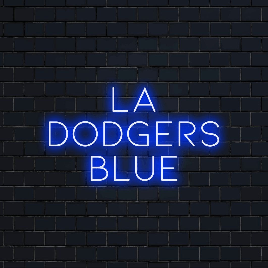 La Dodgers Blue Neon Light with glowing neon text on black brick background