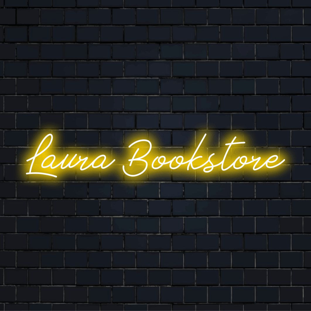 Laura Bookstore Personalized LED Neon Sign, neon text light on dark brick wall