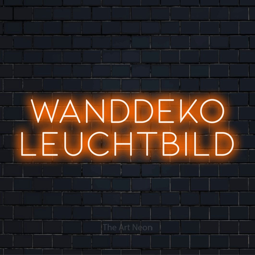 LED-Neonschild mit dem Text „Wanddeko Leuchtbild“ auf dunkler Ziegelwand