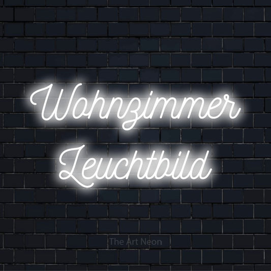 LED-Neonschild mit dem Text „Wohnzimmer Leuchtbild“ auf dunkler Ziegelwand