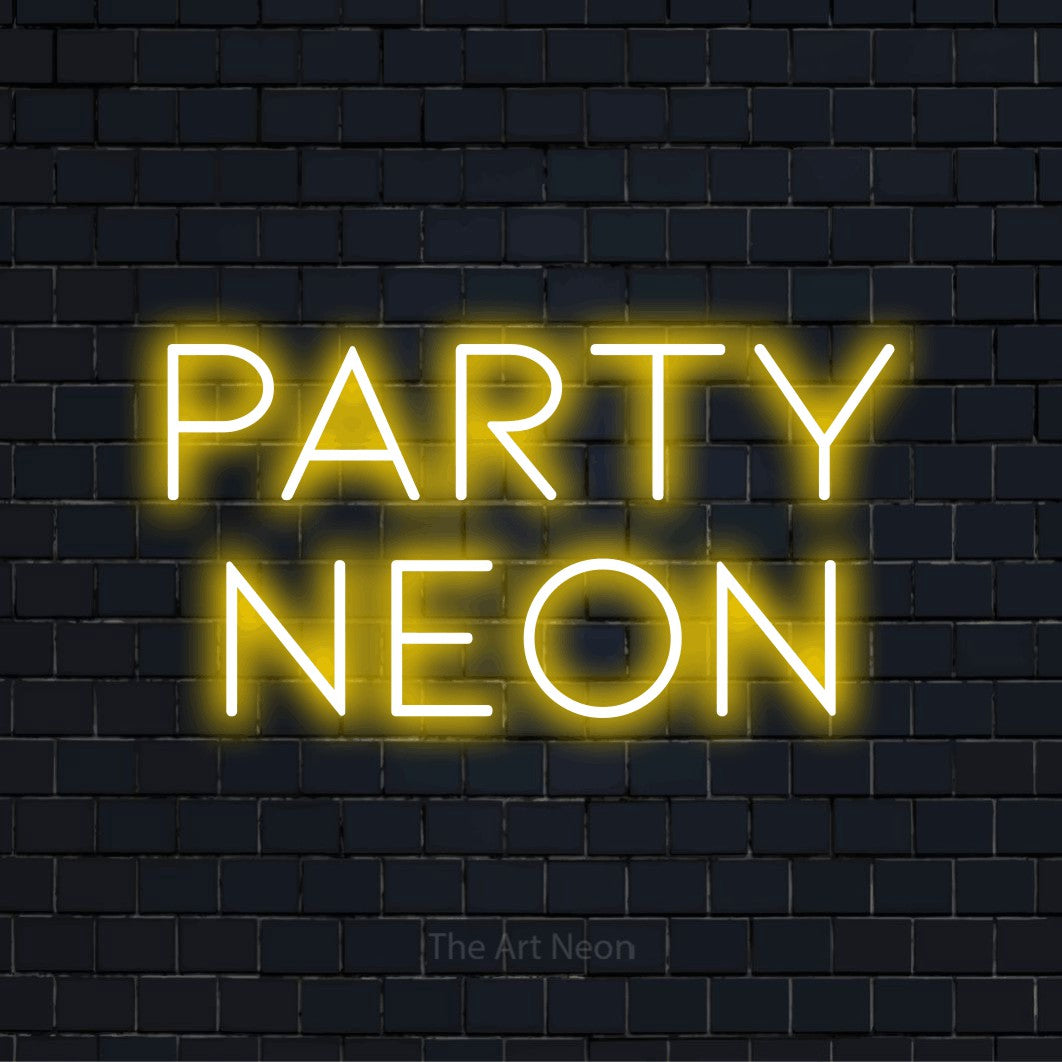 LED-Neonschild mit dem Text „Party Neon“ auf dunkler Ziegelwand