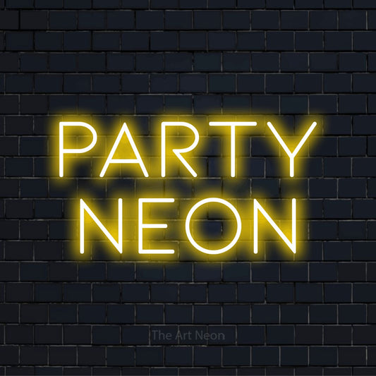 LED-Neonschild mit dem Text „Party Neon“ auf dunkler Ziegelwand