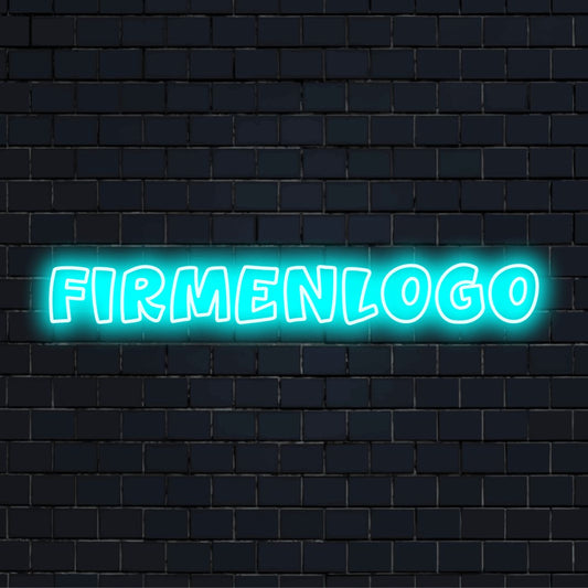 LED-Neonschild mit dem Design „Firmenlogo“ auf dunkler Ziegelwand