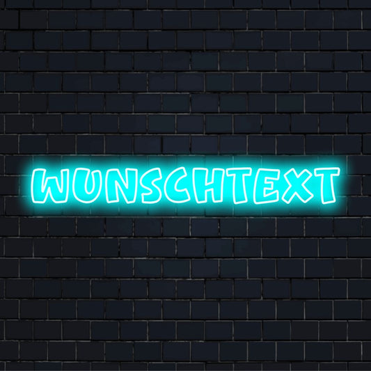 LED-Neonschild mit dem Text „Wunschtext“ auf dunkler Ziegelwand