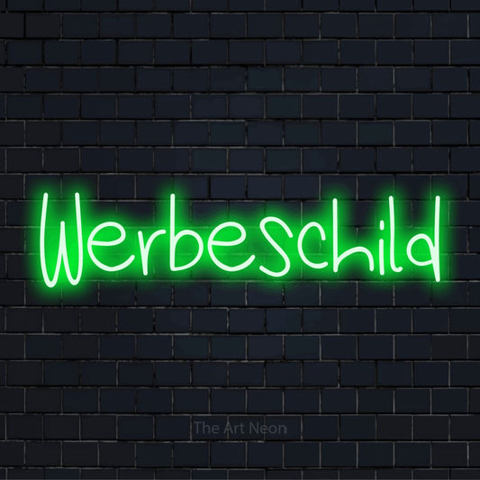 LED-Neonschild mit dem Design „Werbeschild“ auf dunkler Ziegelwand