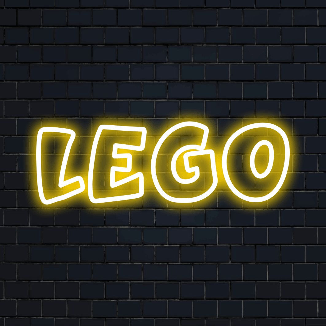 Lego LED Neon Sign, bright neon glow against black brick wall