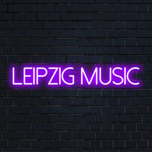 Leipzig Music Neon Sign, soft neon glow on dark brick wall