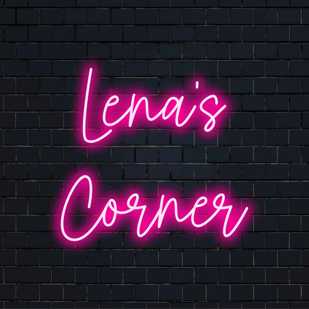 Lena_s Corner Personalized LED Neon Sign, bright neon lettering on black brick background