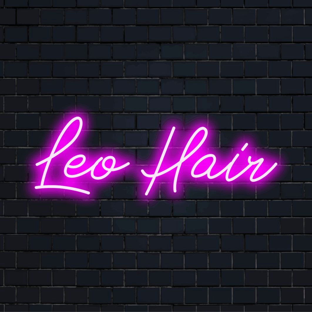 Leo Hair Custom Name Neon Sign, neon text light on black brick background