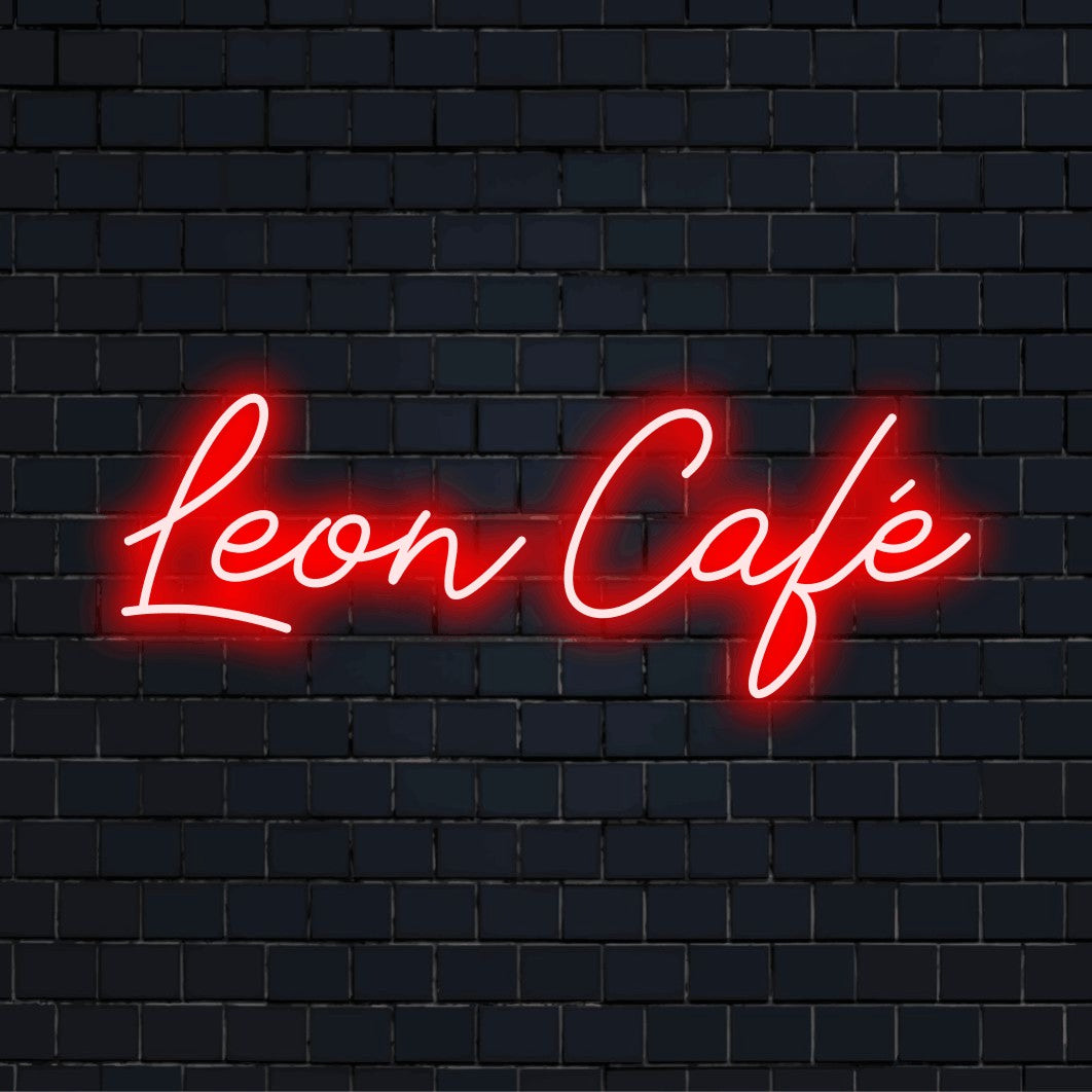 Leon Cafe Custom Name Neon Sign, soft neon glow on black brick background