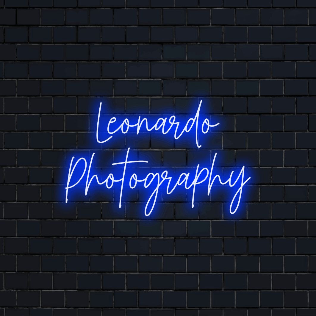 Leonardo Photography Custom Name Neon Sign, neon text light on dark brick wall