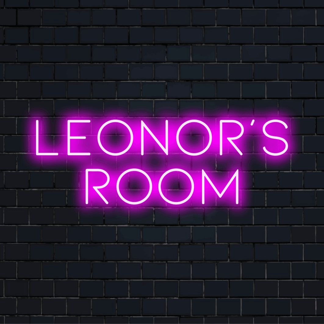 Leonor_s Room Custom Name Neon Sign, glowing wall decor on dark brick background
