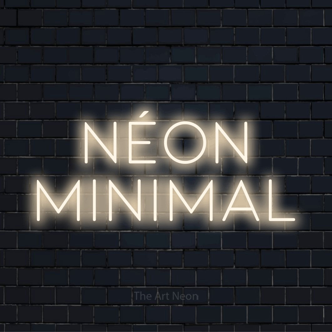 Letreiro néon LED com o texto “Néon Minimal” numa parede escura