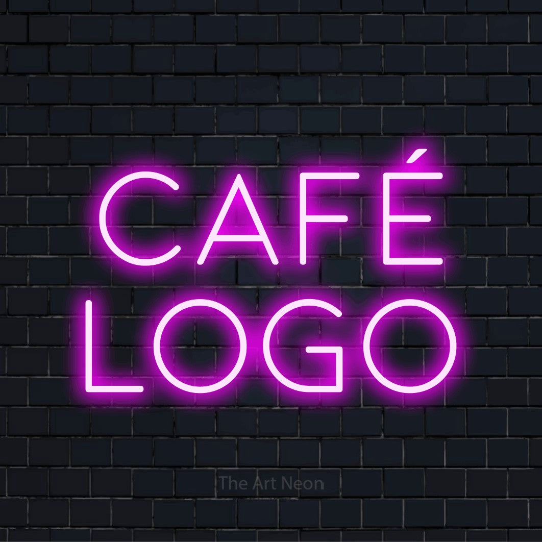 Letreiro néon LED com o design “Café Logo” numa parede escura