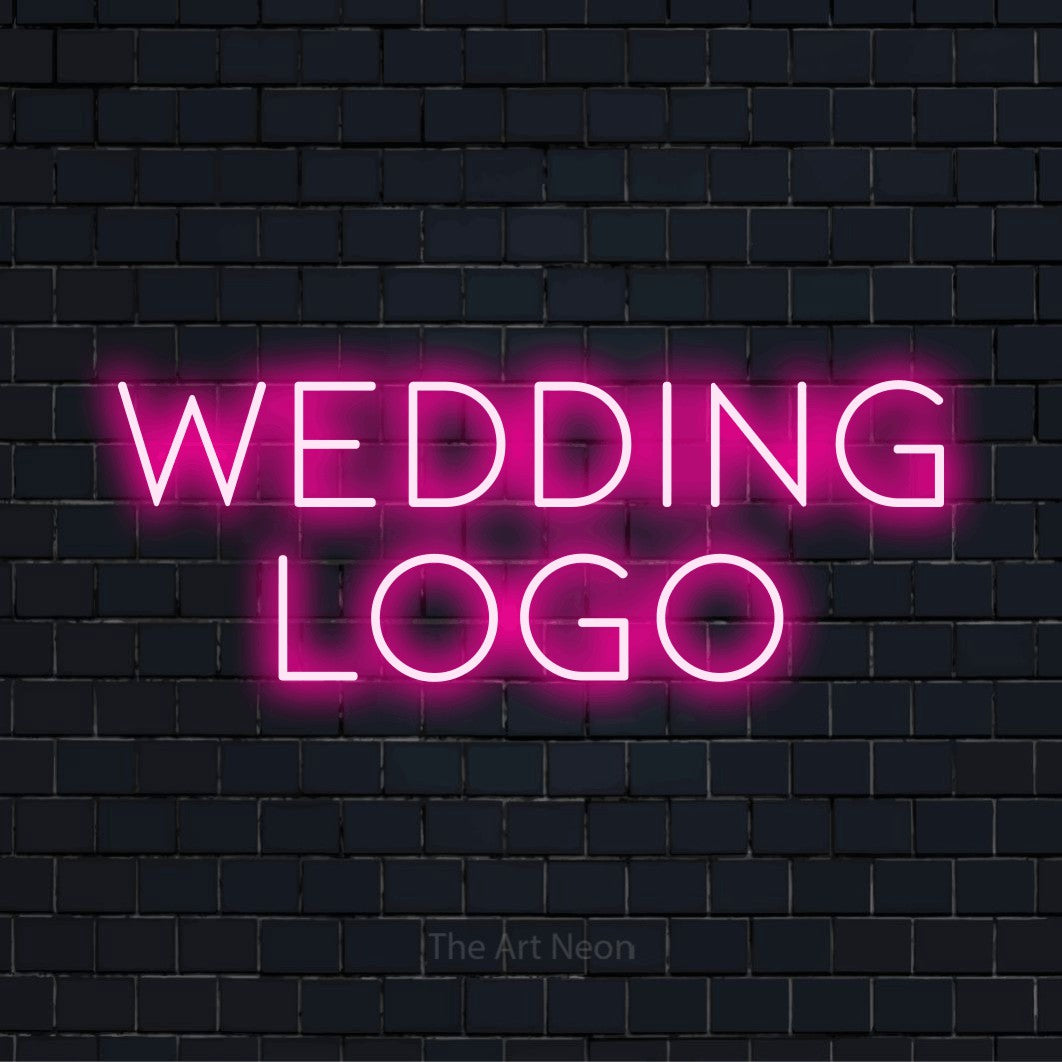 Letreiro néon LED com o design “Wedding Logo” numa parede escura