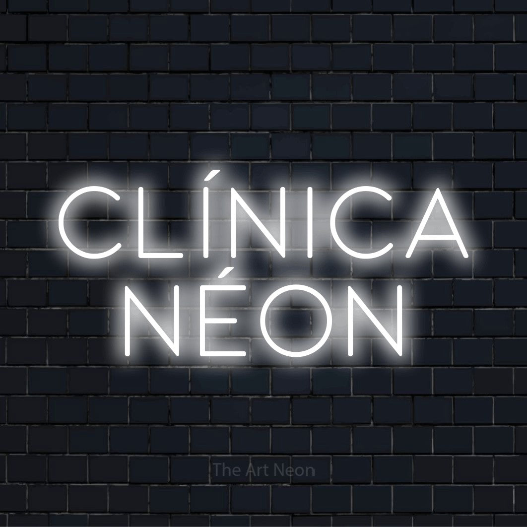 Letreiro néon LED com o design “Clínica Néon” numa parede escura