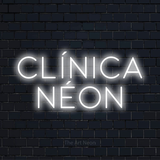 Letreiro néon LED com o design “Clínica Néon” numa parede escura