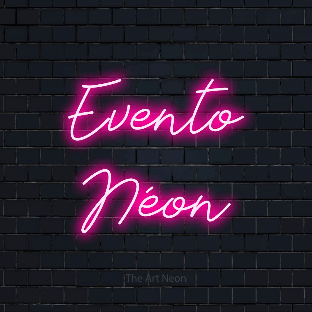 Letreiro néon LED com o texto “Evento Néon” numa parede escura