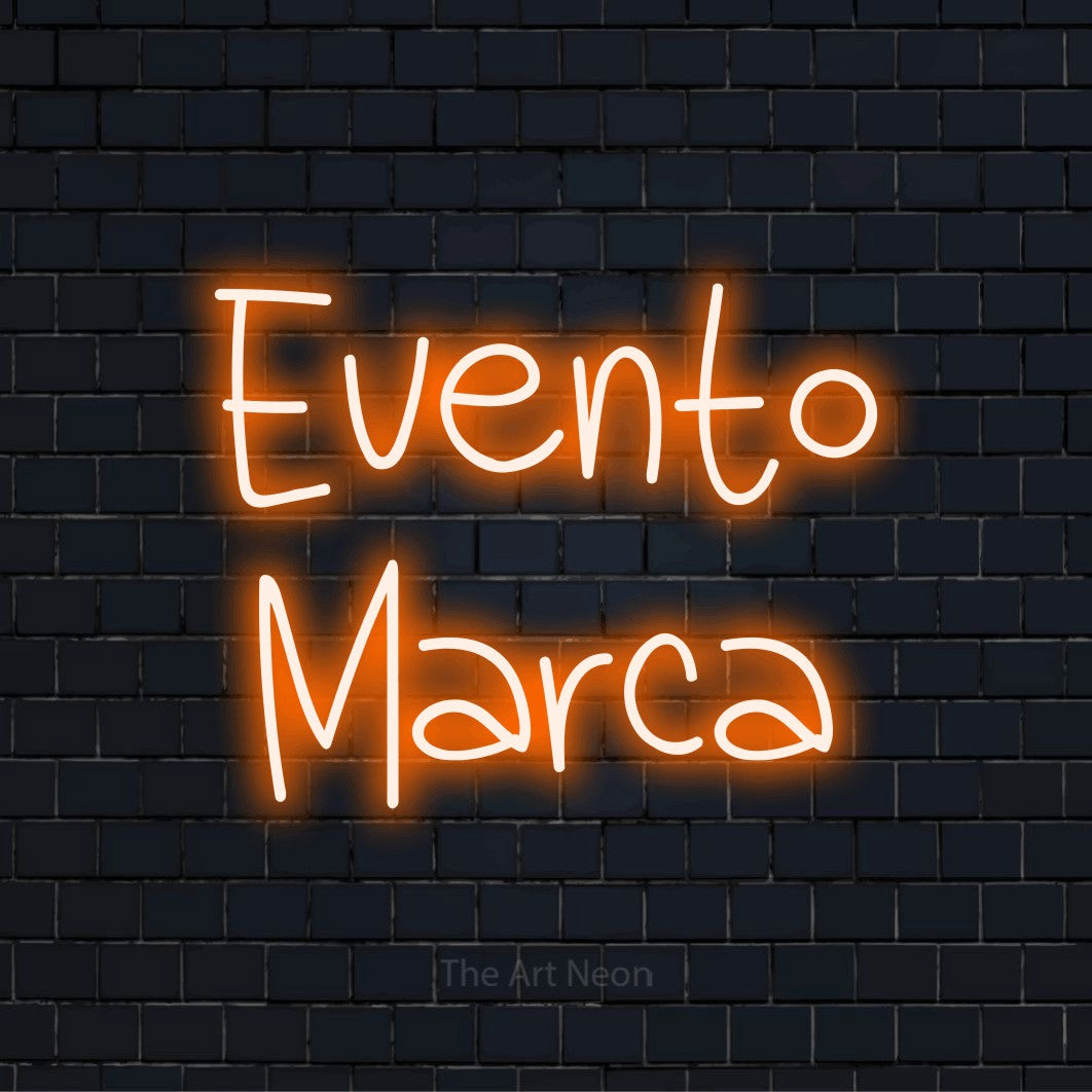 Letreiro néon LED com o design “Evento Marca” numa parede escura