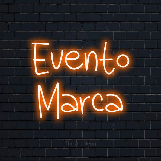 Letreiro néon LED com o design “Evento Marca” numa parede escura