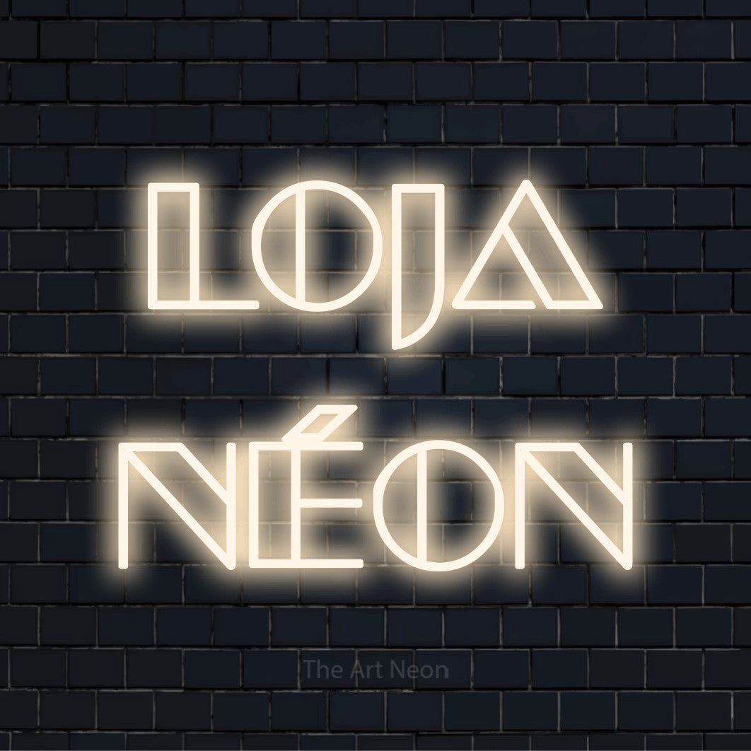 Letreiro néon LED com o design “Loja Néon” numa parede escura