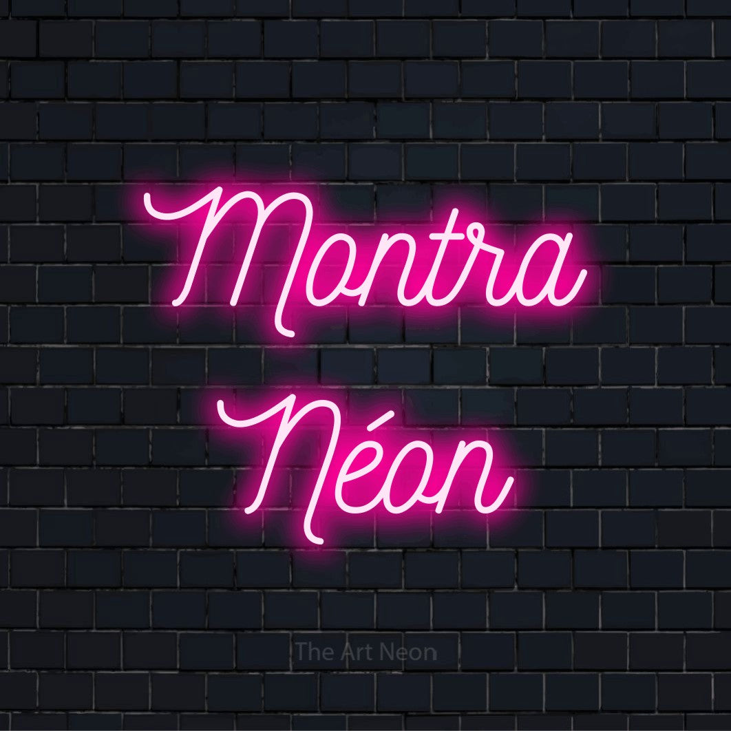 Letreiro néon LED com o texto “Montra Néon” numa parede escura
