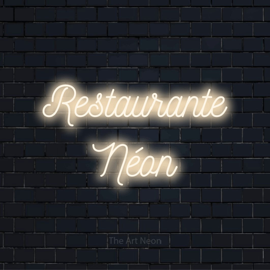 Letreiro néon LED com o design “Restaurante Néon” numa parede escura